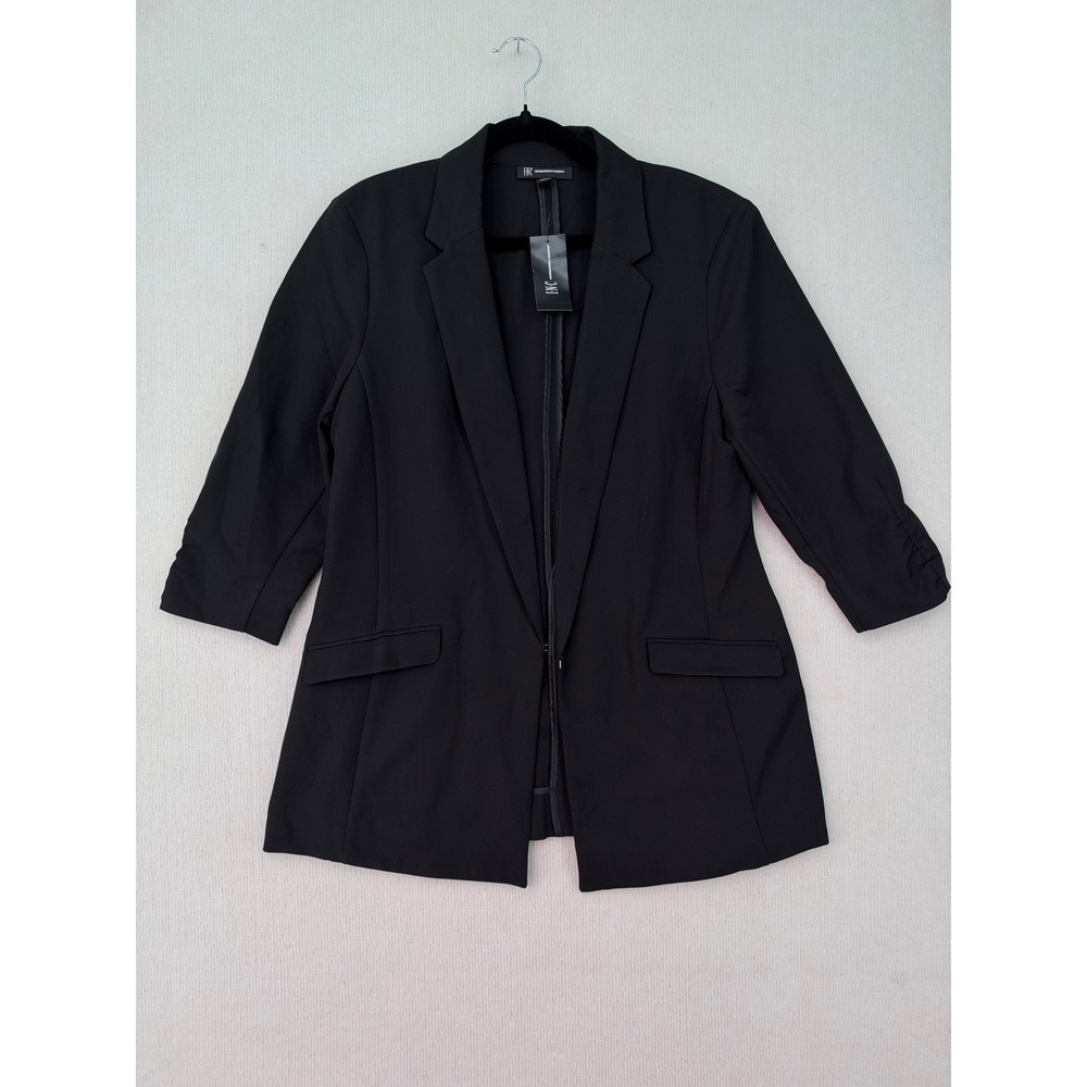 INC International Concepts Blazer Women L Black Ruched Sleeve Stretch NWT